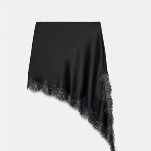 Zara Dark Gray Satin Effect Asymmetrical Skirt with Lace Detail